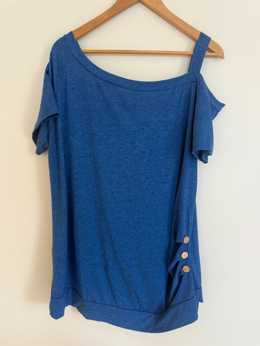 Women Blue Raglan Short Sleeves Left Side Button Ruched Pullover Top Size 2XL